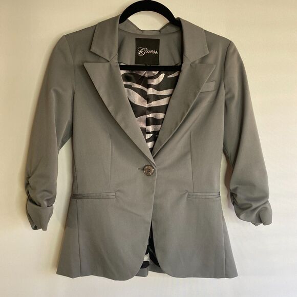 Guess Single Button Ruched Sleeve Stretch Blazer Zebra Print Satin Lined Size S - Picture 1 of 10